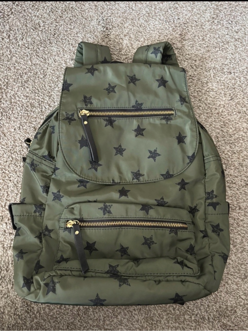 Olive Green Star-Print Nylon Backpack